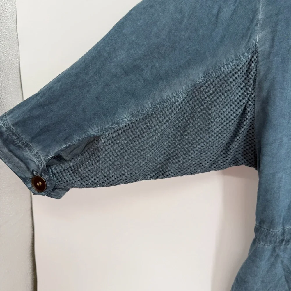 XCVI Lightweight Button Up Jacket Size S Pockets 3/4 Sleeve Blue Cinch Waist